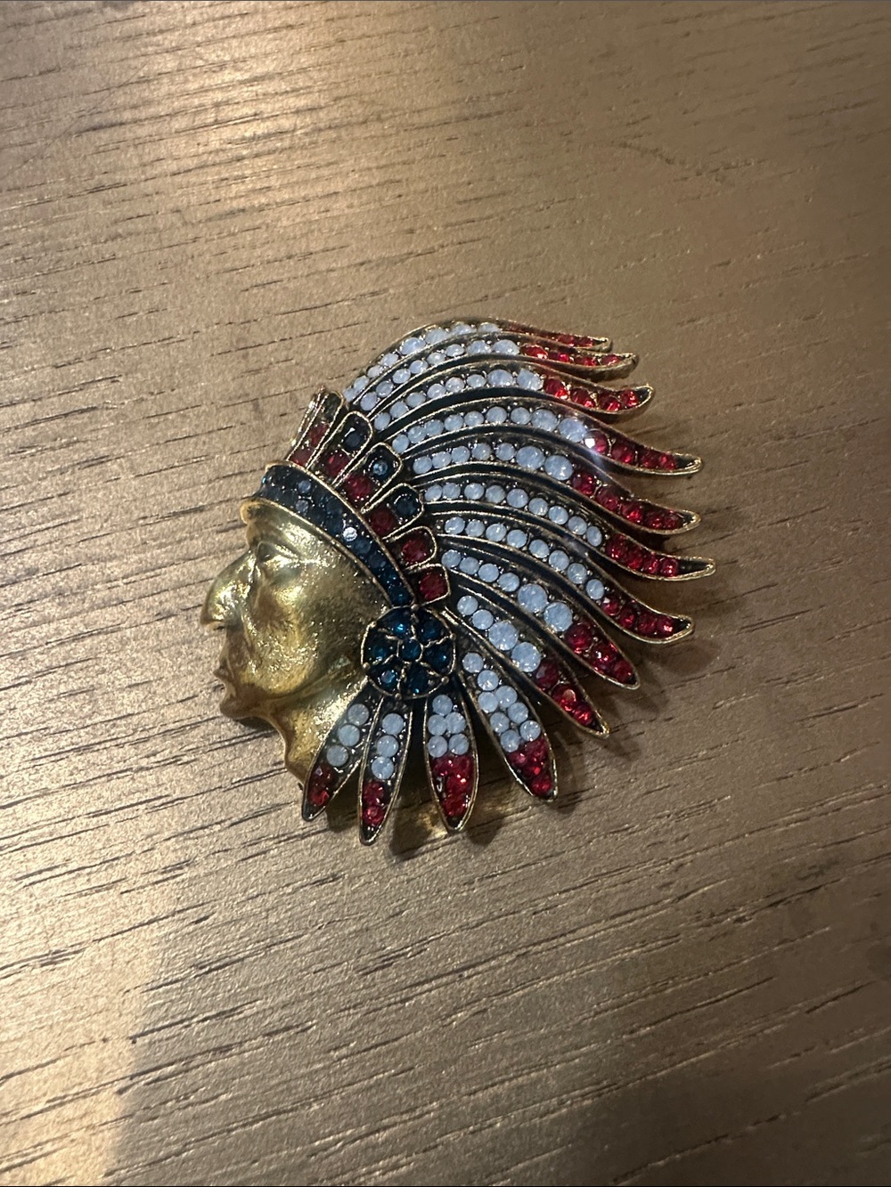 Gold-Tone Native Headdress Brooch with Red, White & Blue Accents